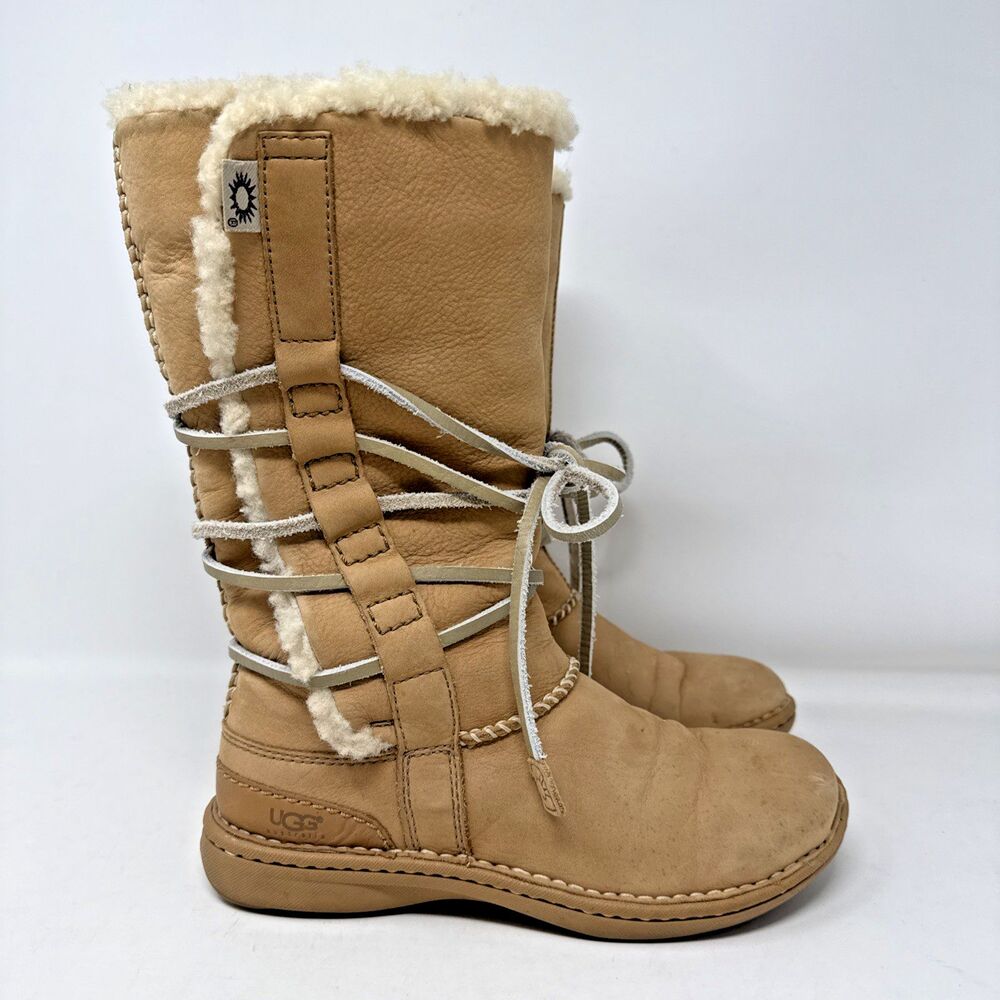 UGG Australia Catalina Leather Shearling Boot Size 7 Tan Boho Rawhide Wrap Lace